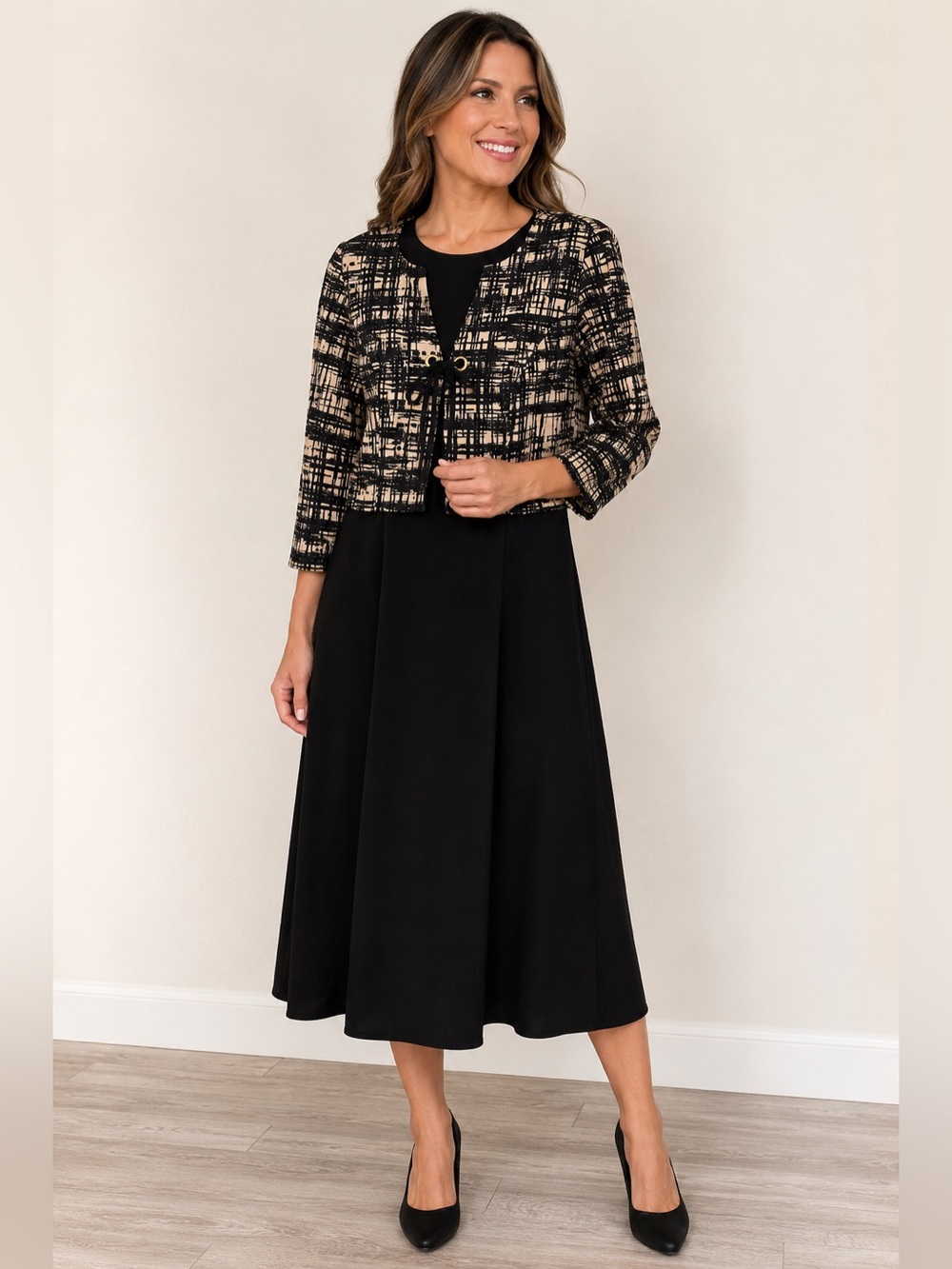 DN Design 2 Piece Jacket Sleeveless Dress Set Size 10 Black Beige Career Church